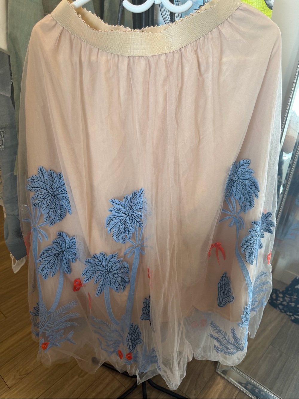 New-Sheer Blush Skirt with Blue Embroidered Palms